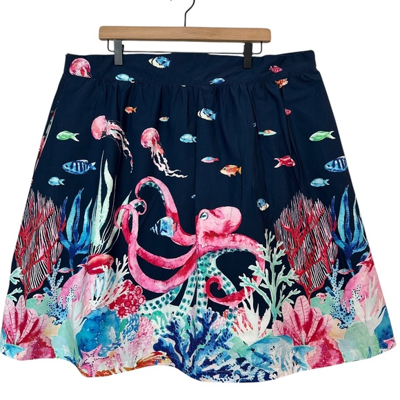 Modcloth Blue Ocean Marine Life Octopus Fish Print Mini A-Line Full Skirt Sz. 2X - Picture 1 of 15